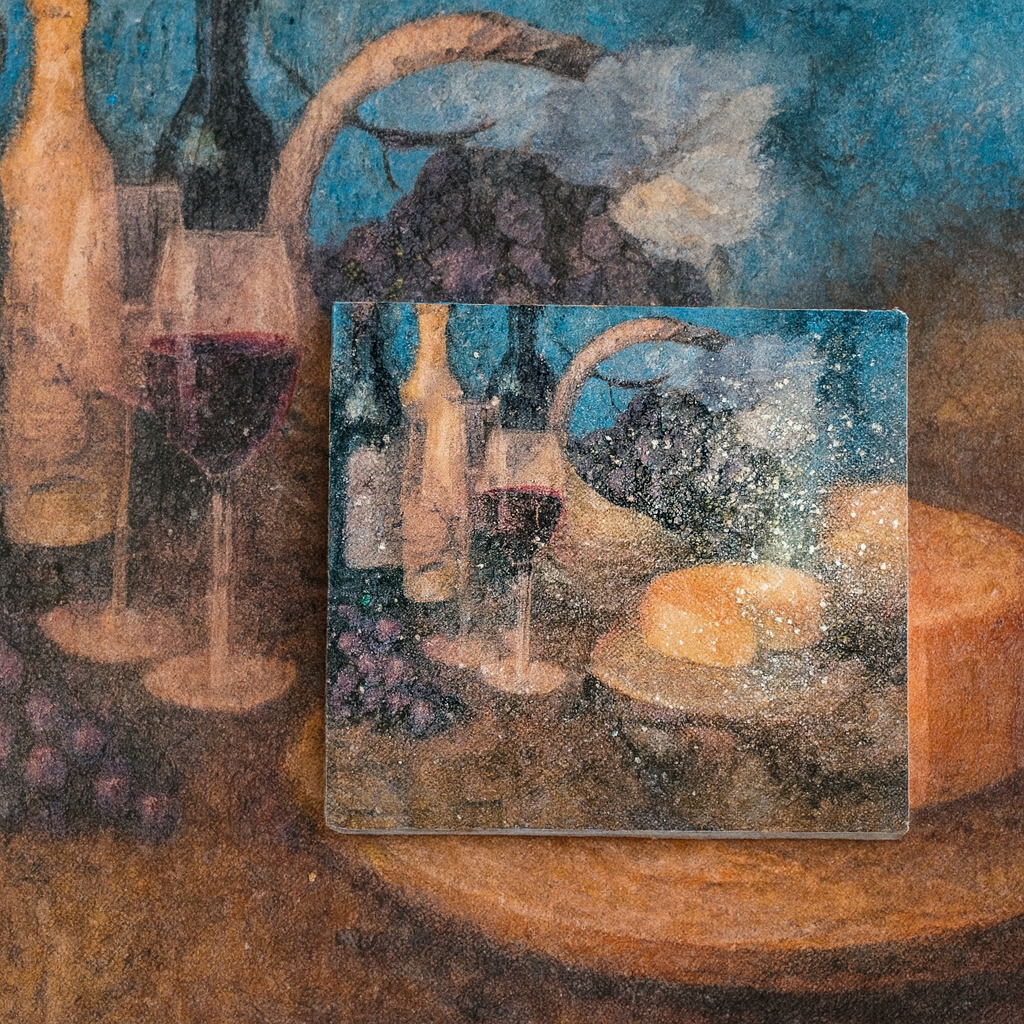 Wine & Cheese Glitter Coaster – Rustic Vineyard Drink Coaster