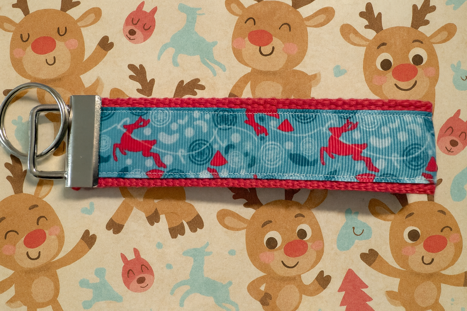 Whimsical Reindeer Keychain | Christmas Wristlet Key Fob