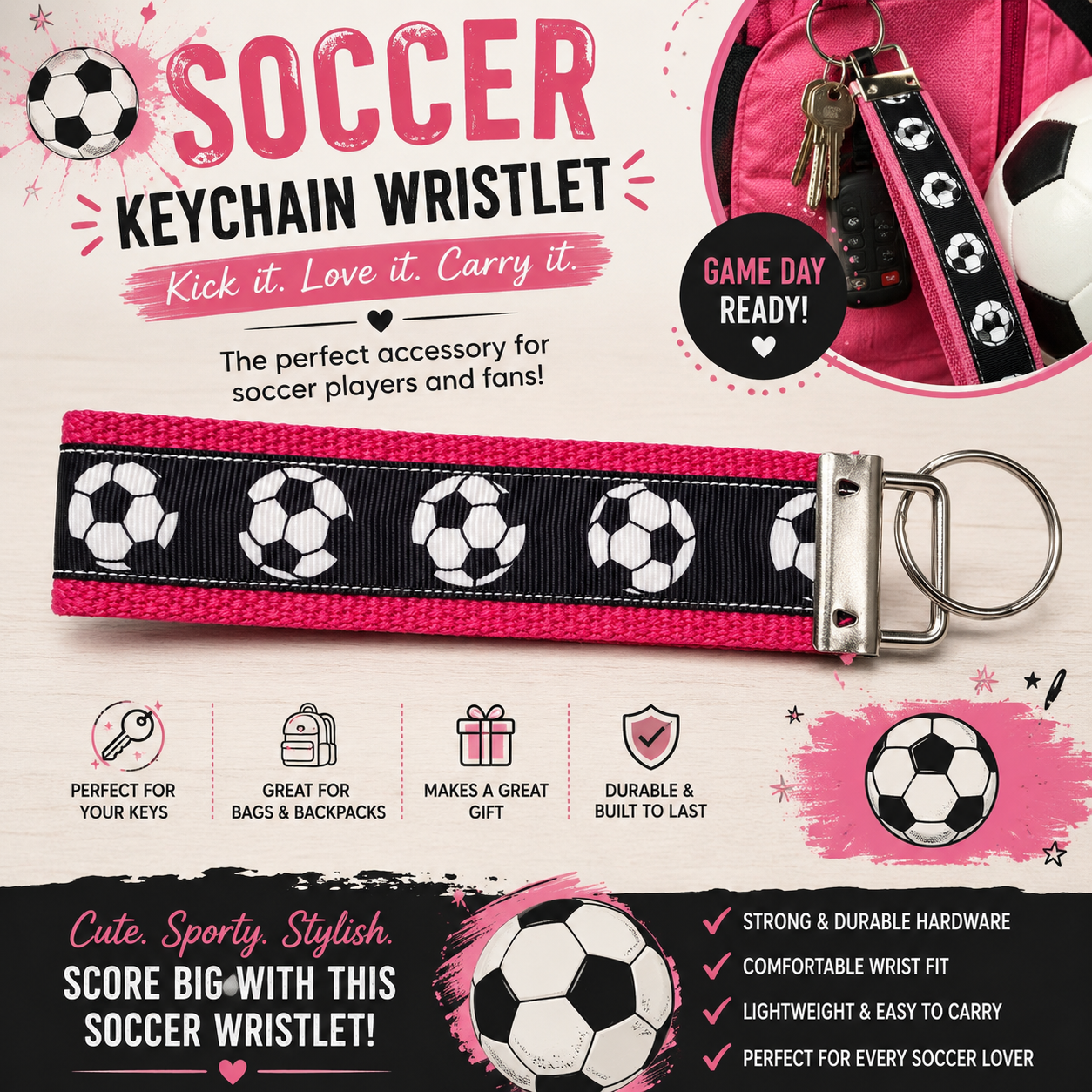 Soccer Keychain Wristlet | Soccer Mom Keychain | Soccer Player Gift | Game Day Wristlet | Team Gift | Sports Key Fob