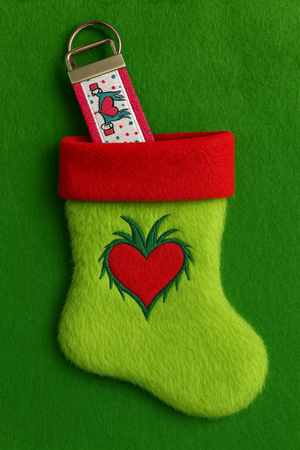 Grinch Heart Keychain Wristlet – Holiday Christmas Stocking Stuffer