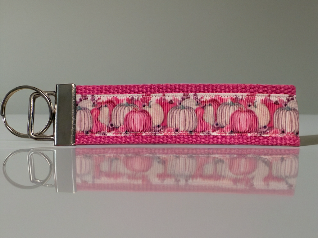 Pink Pumpkin Keychain Wristlet – Fall Autumn Key Chain Strap, Pink & White Pumpkins, Cute Gift for Her