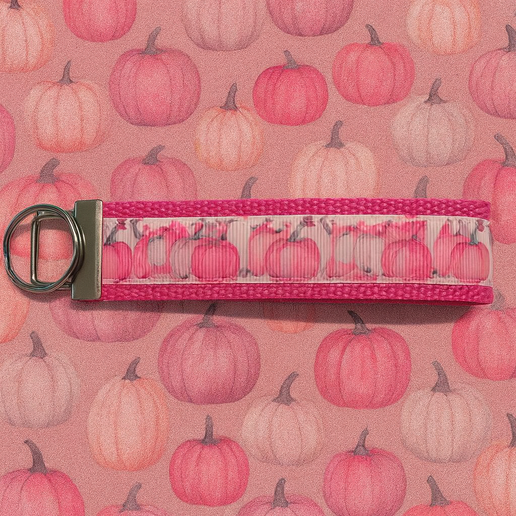 Pink Pumpkin Keychain Wristlet – Fall Autumn Key Chain Strap, Pink & White Pumpkins, Cute Gift for Her