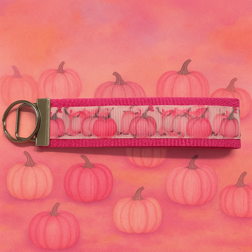 Pink Pumpkin Keychain Wristlet – Fall Autumn Key Chain Strap, Pink & White Pumpkins, Cute Gift for Her