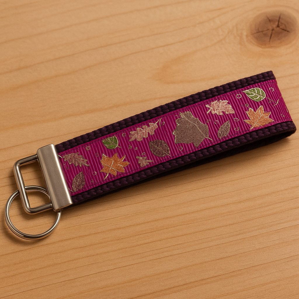 Autumn Sparkle Keychain Wristlet – Gold Foil Leaf Accent, Handmade Fall Key Fob