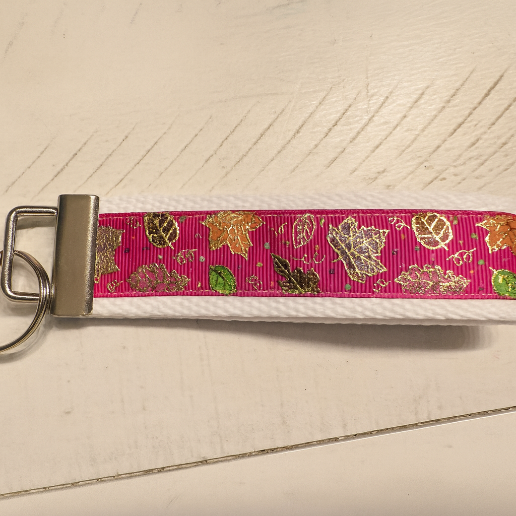 Autumn Sparkle Keychain Wristlet – Gold Foil Leaf Accent, Handmade Fall Key Fob