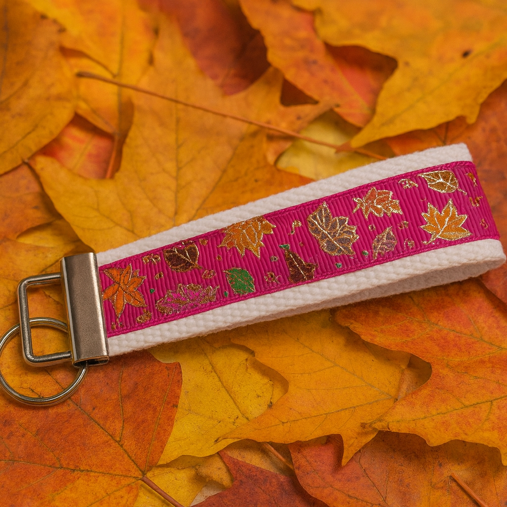 Autumn Sparkle Keychain Wristlet – Gold Foil Leaf Accent, Handmade Fall Key Fob