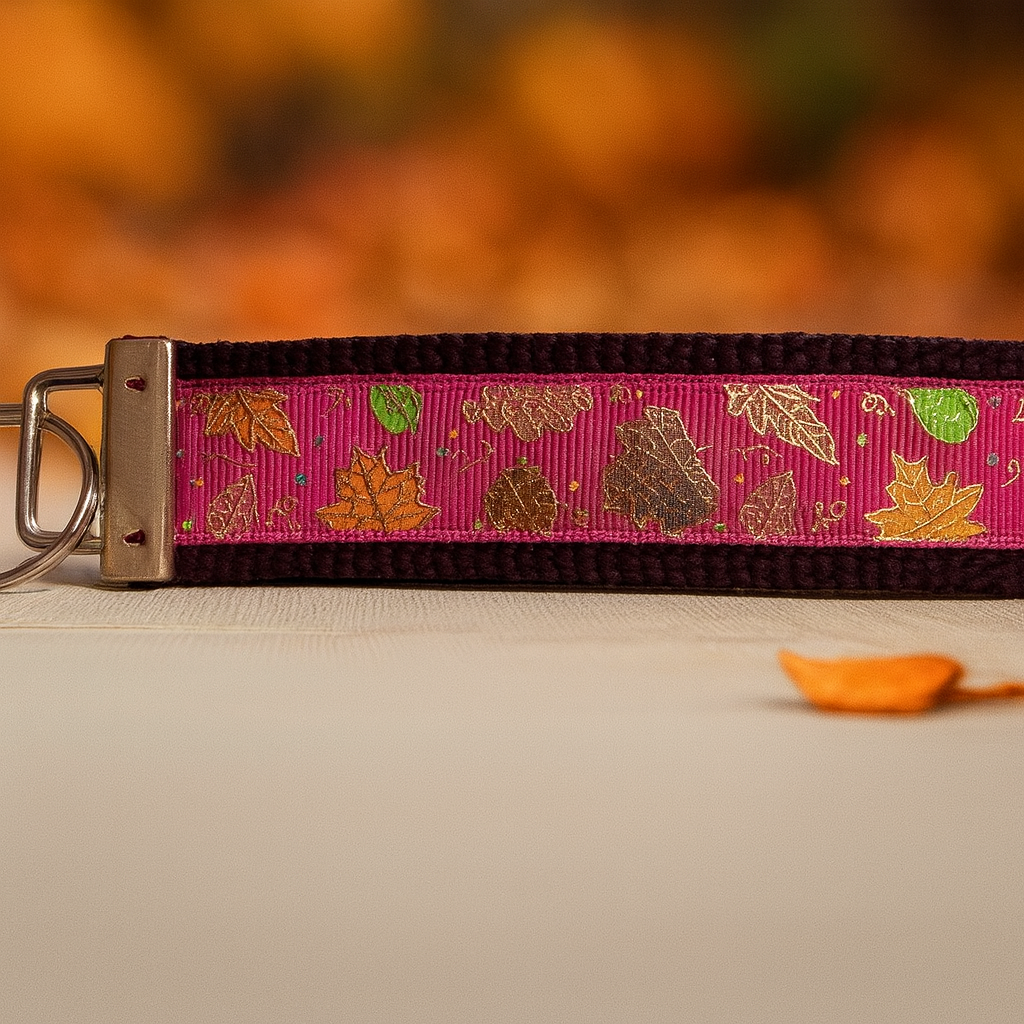 Autumn Sparkle Keychain Wristlet – Gold Foil Leaf Accent, Handmade Fall Key Fob