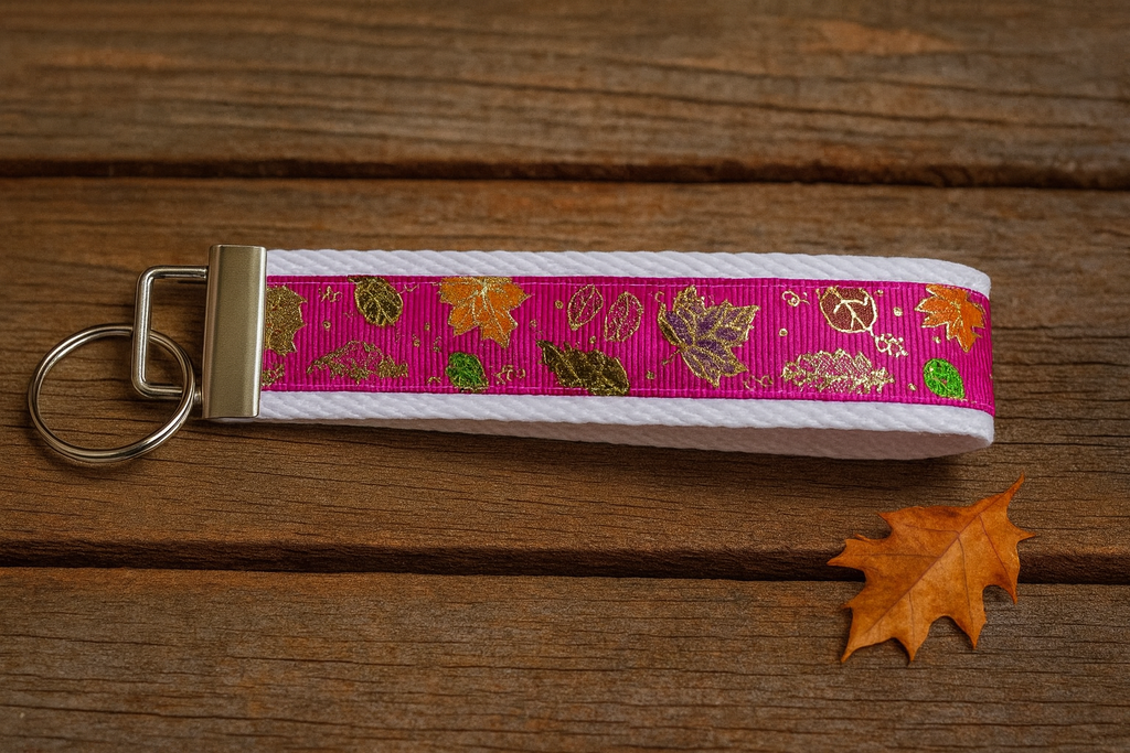 Autumn Sparkle Keychain Wristlet – Gold Foil Leaf Accent, Handmade Fall Key Fob