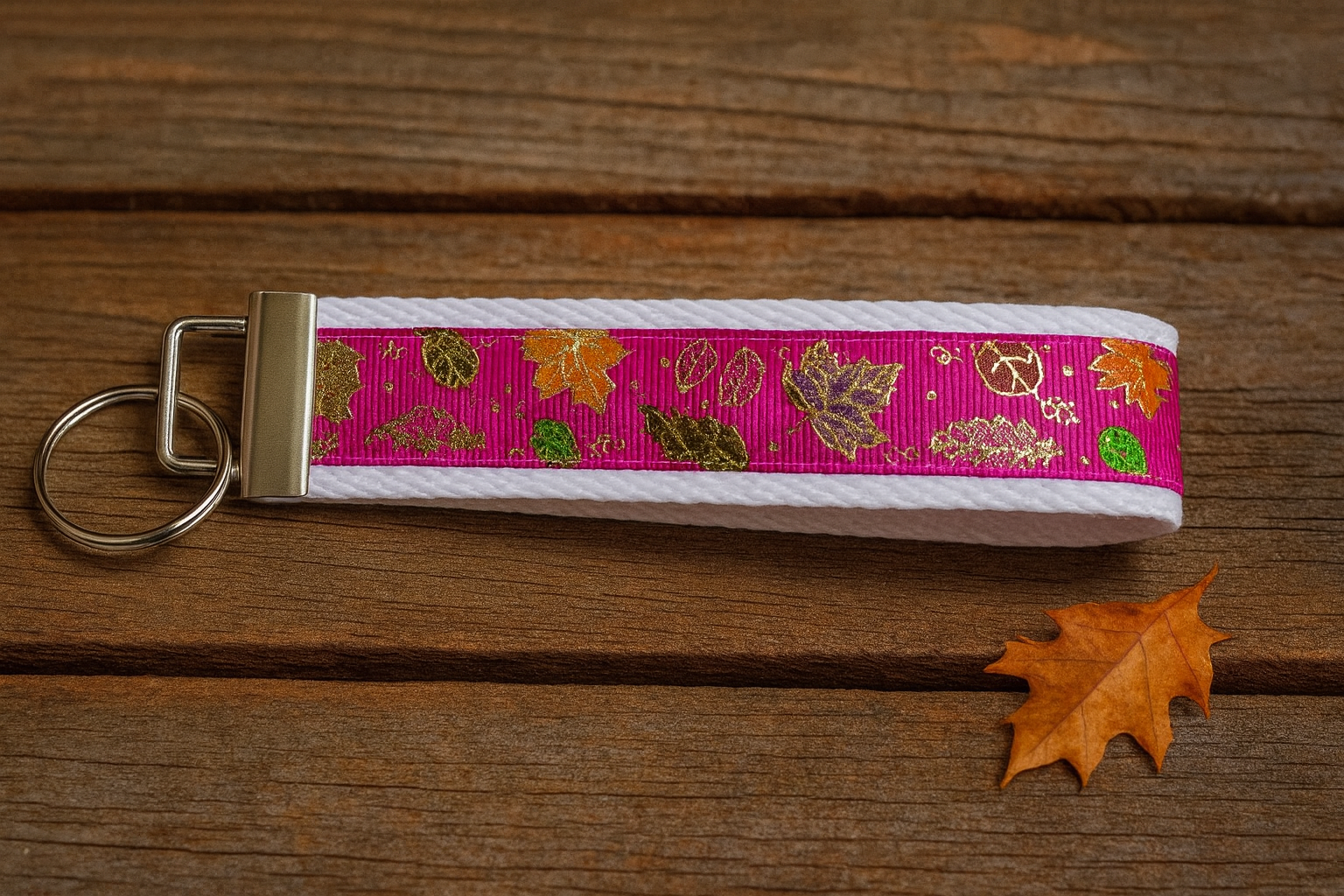 Autumn Sparkle Keychain Wristlet – Gold Foil Leaf Accent, Handmade Fall Key Fob