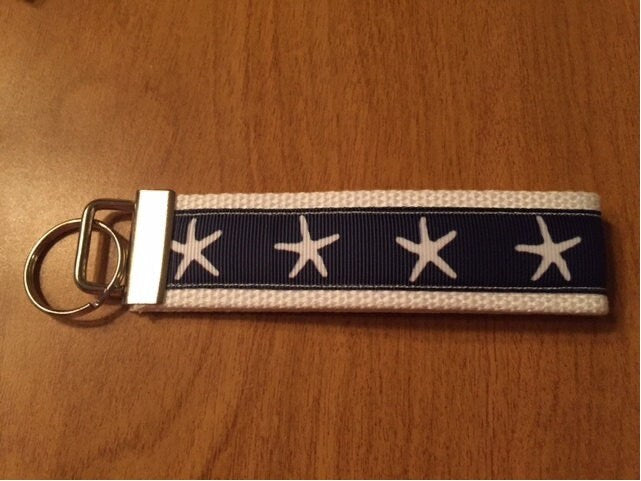 Blue and White Starfish Cotton Webbing Keychain/ Keyfob/ Wristlet