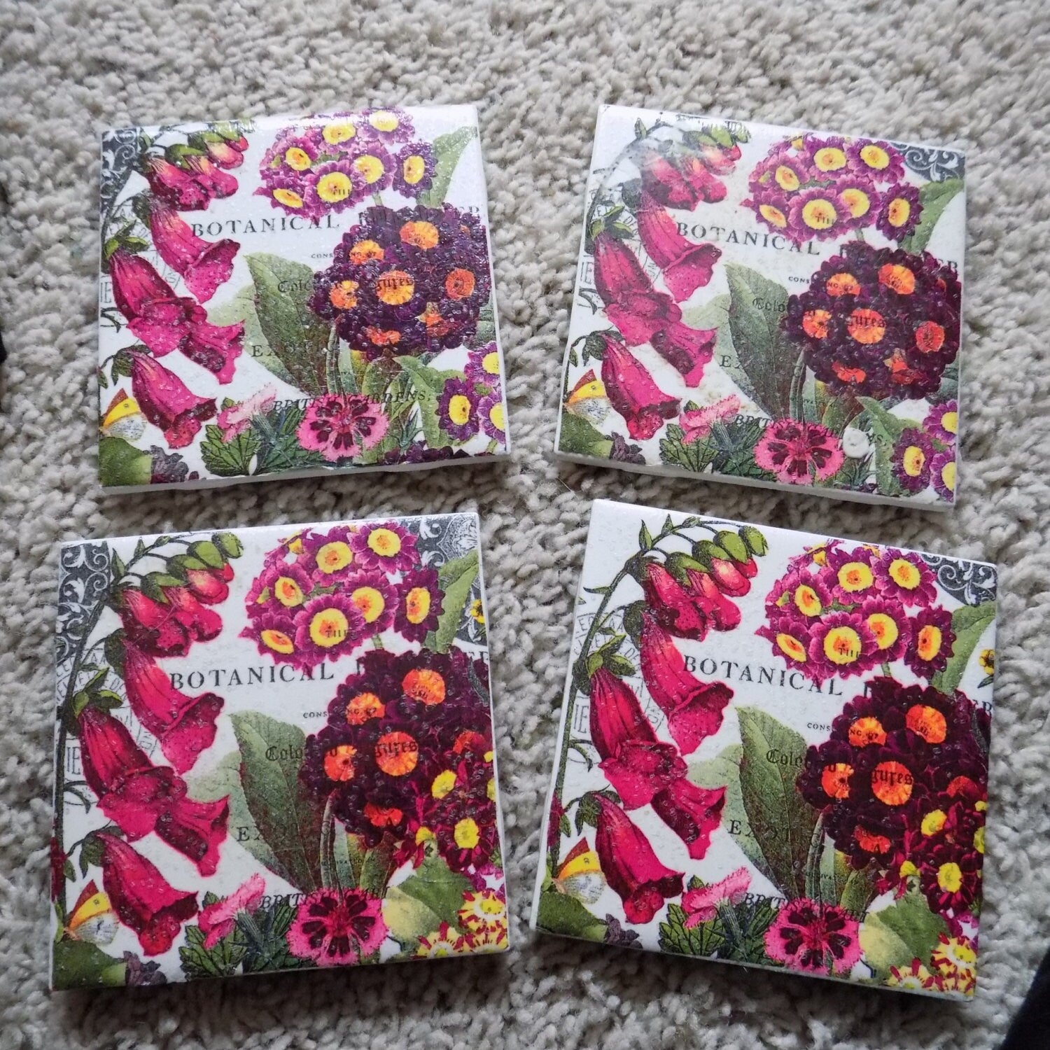 Botanical Flower Ceramic Tile Coasters (set of 4)