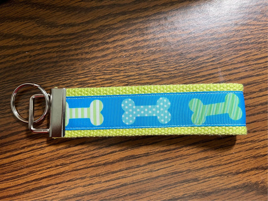 Blue and green Dog Bones Cotton Webbing Keychain/ Keyfob/ Wristlet