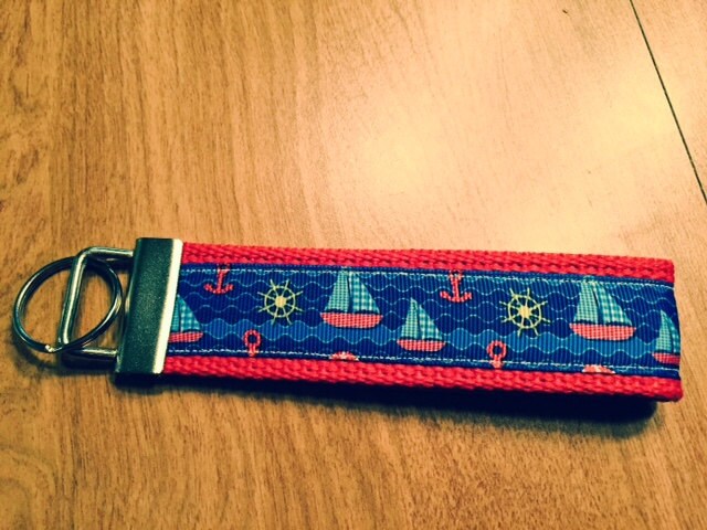 Blue, Red, and Yellow Sailboat and Nautical Cotton Webbing Keychain/ Keyfob/ Wrislet
