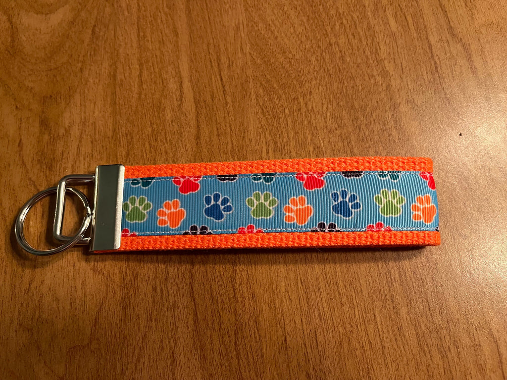 Orange and Blue Paw Print Cotton Webbing Keychain, Keyfob, Wristlet
