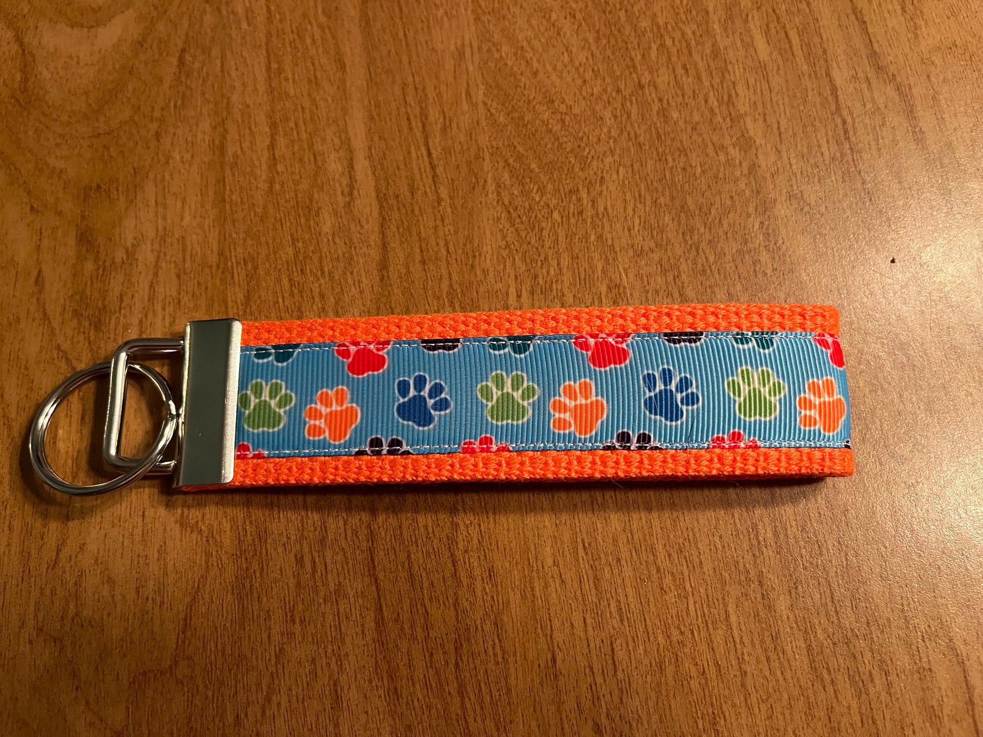 Orange and Blue Paw Print Cotton Webbing Keychain, Keyfob, Wristlet