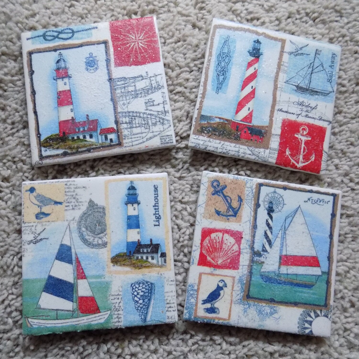 Lighthouse and Nautical Ceramic Tile Coasters (set of 4)