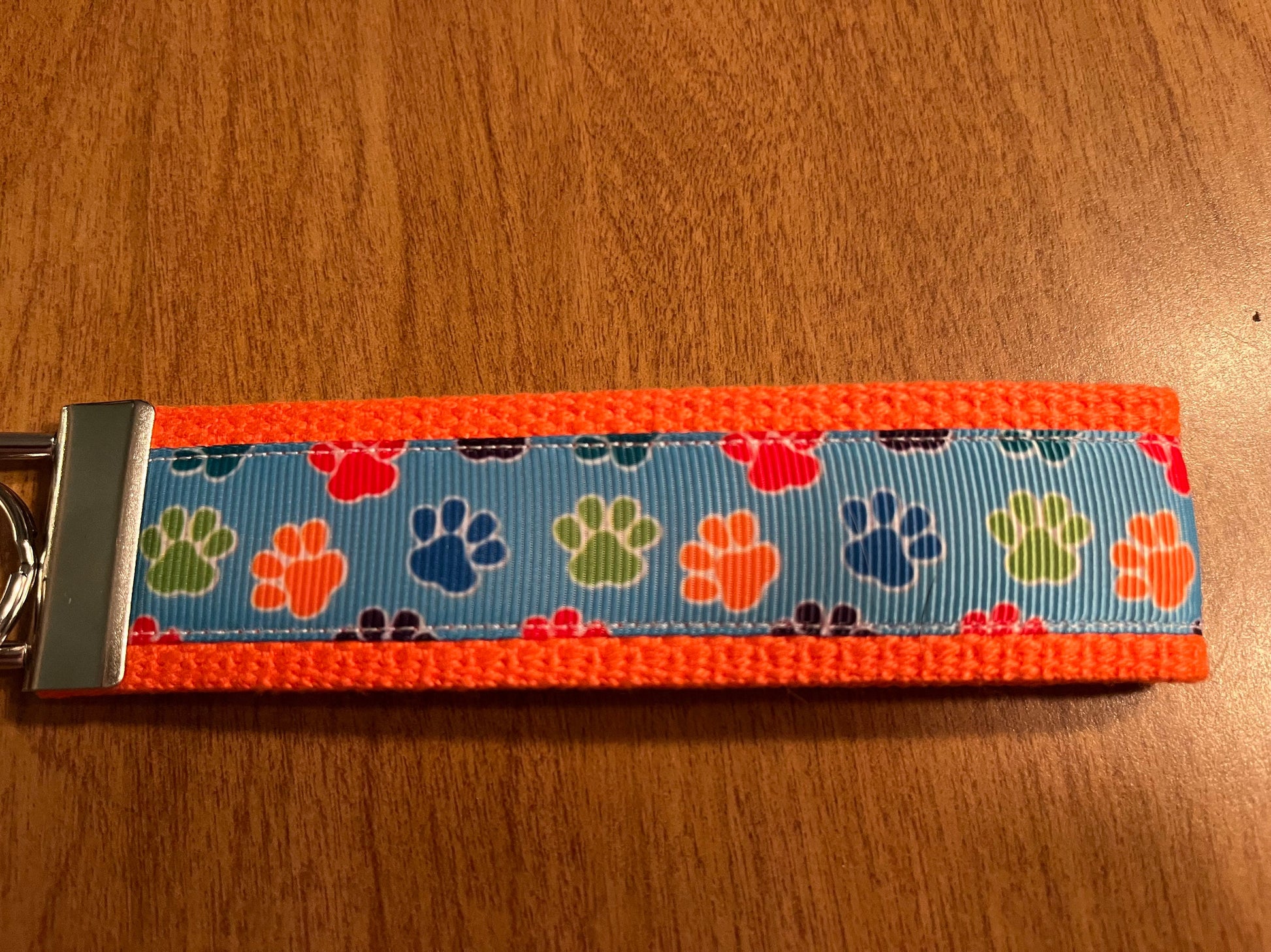 Orange and Blue Paw Print Cotton Webbing Keychain, Keyfob, Wristlet