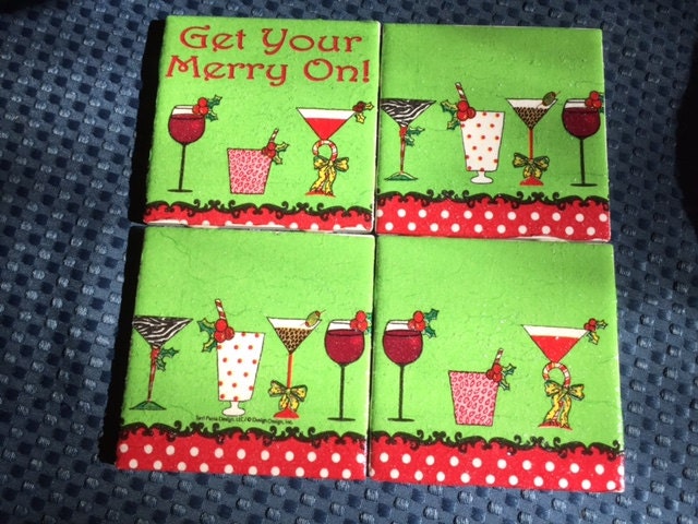 Get Your Merry On Holiday Cocktail Ceramic Tile Coasters (set of 4)