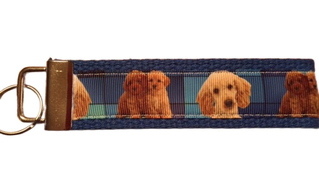 Doodle Dog Keychain with Blue Plaid Background – Cute Puppy Gift for Dog Lovers