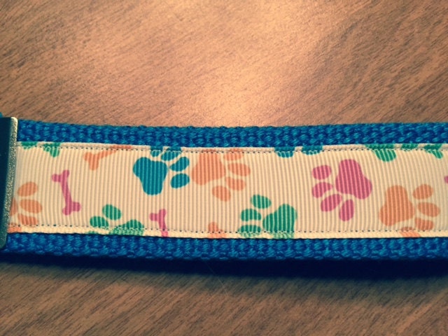 Blue and White Pawprints and Bones Cotton Webbing Keychain/ Keyfob/ Wristlet
