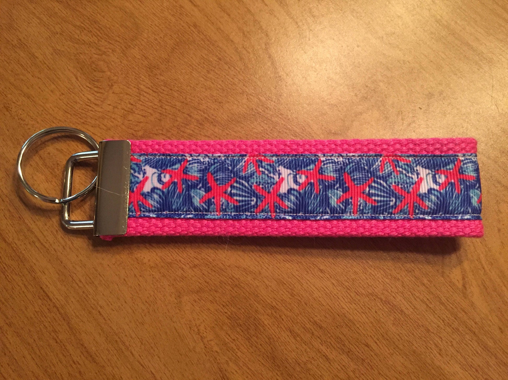 Pink and Blue Cotton Webbing Starfish Keychain/ Wristlet/ Keyfob