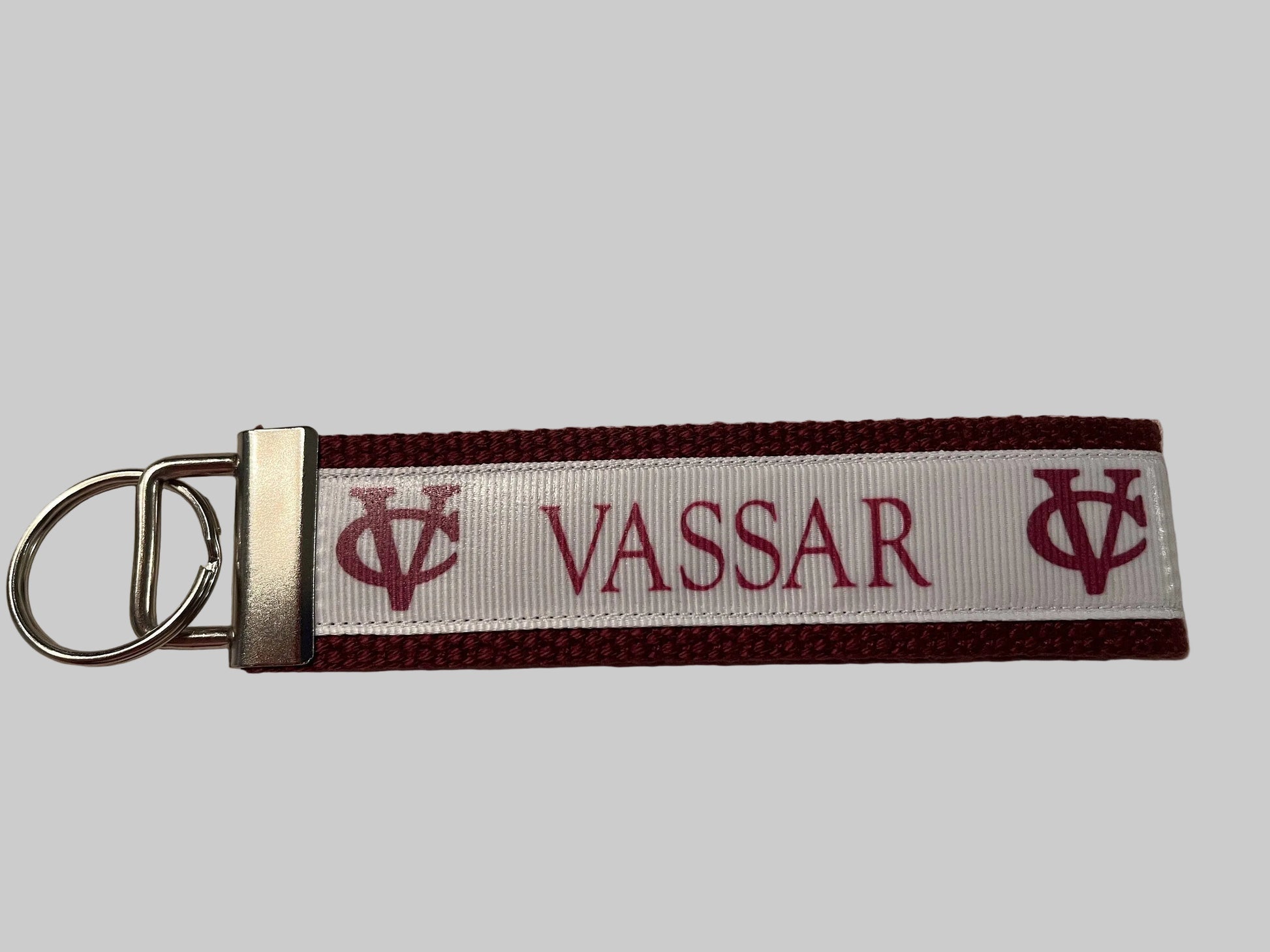 Vassar College Keychain | VC Logo Wristlet Key Fob | Preppy Ivy League Gift | College Accessories | Alumni Gift | Burgundy Keychain