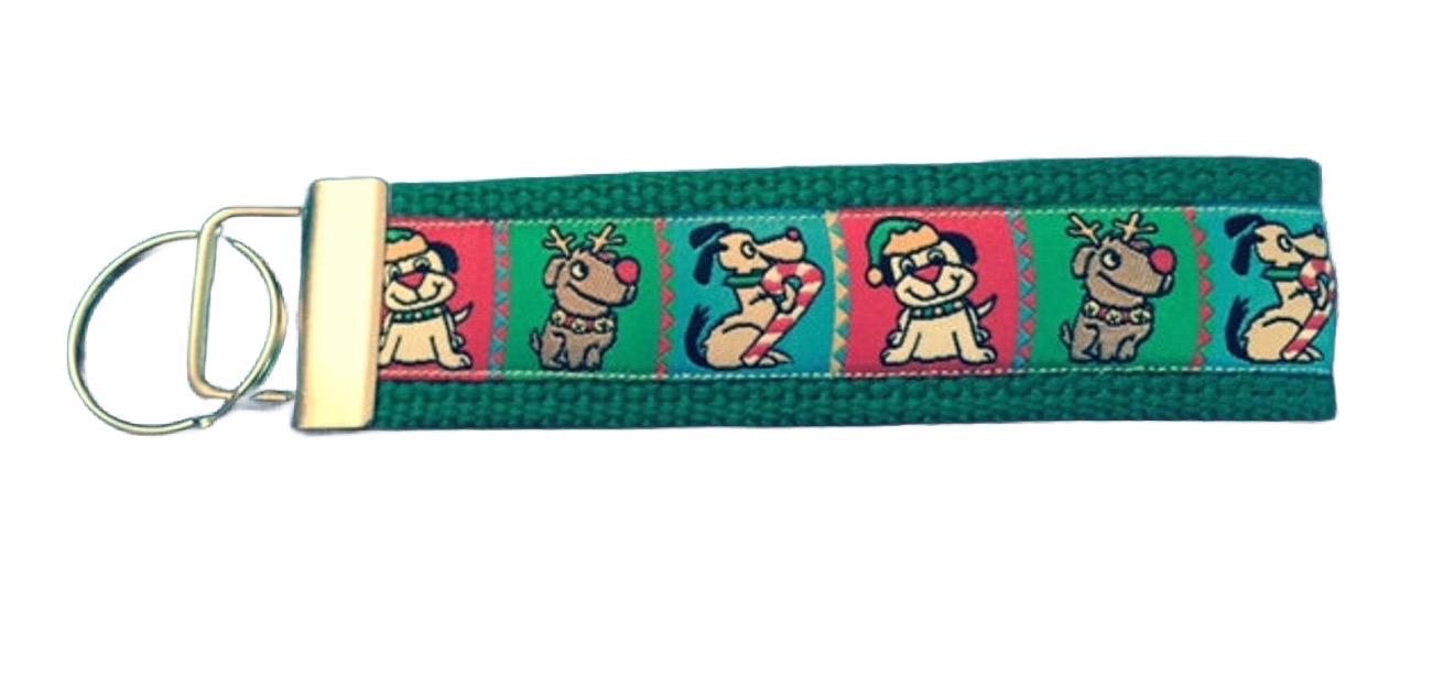 Green Doggone Christmas Cotton Webbing Keychain/ Keyfob/ Wristlet