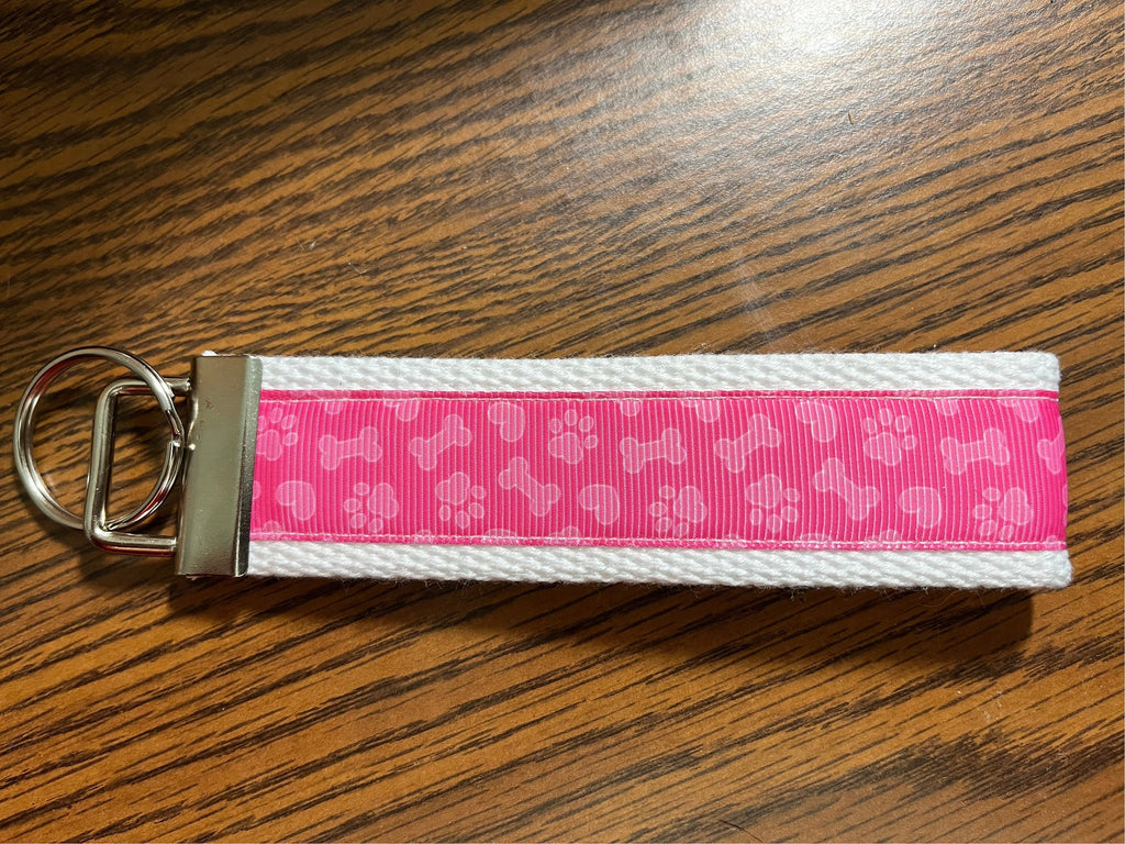 Pink  Paw Prints and dog bones Cotton Webbing Keychain/ Keyfob/ Wristlet