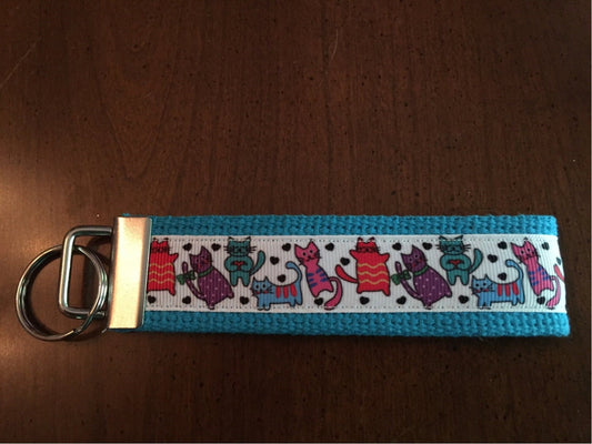 Blue and White Cat Lover Cotton Webbing Keychain/ Keyfob/ Wristlet