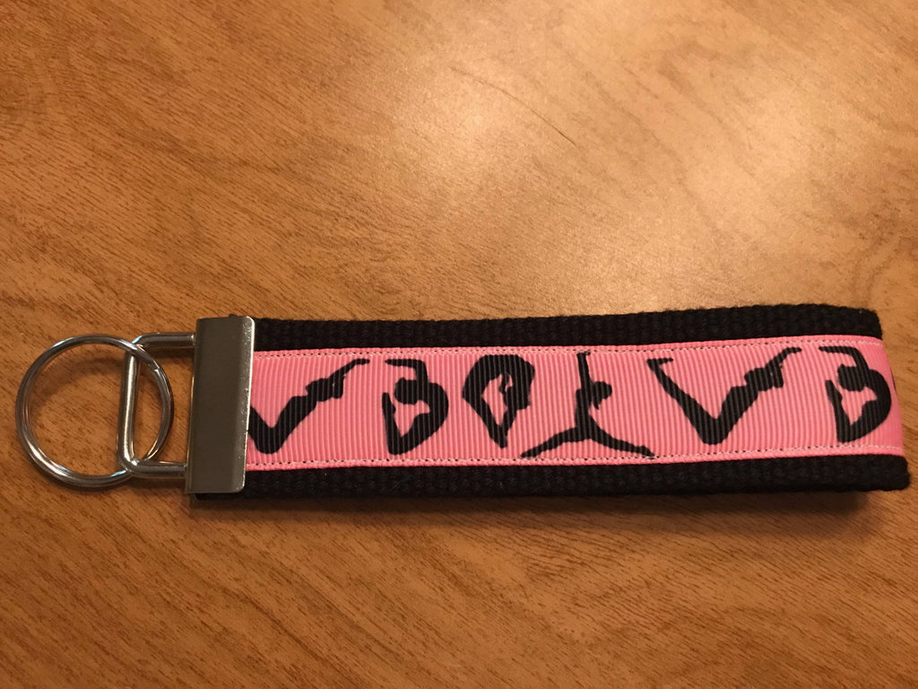 Pink and Black Gymnastics Cotton Webbing Keychain/ Wristlet/ Keyfob