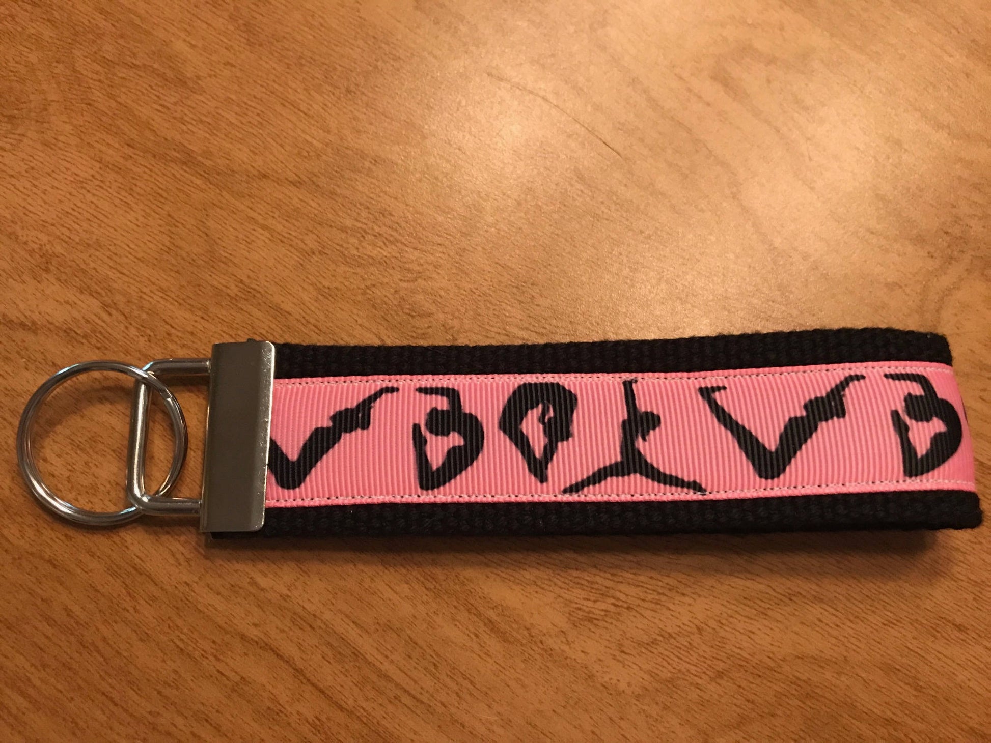 Pink and Black Gymnastics Cotton Webbing Keychain/ Wristlet/ Keyfob
