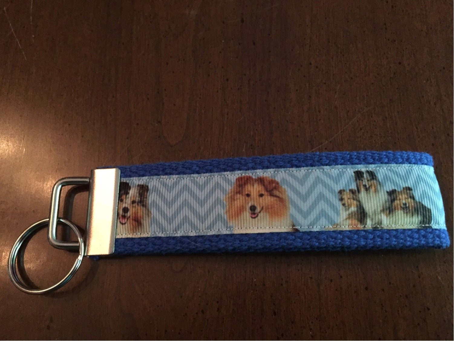 Blue Zig Zag Collie Cotton Webbing Keychain/ Keyfob/ Wristlet