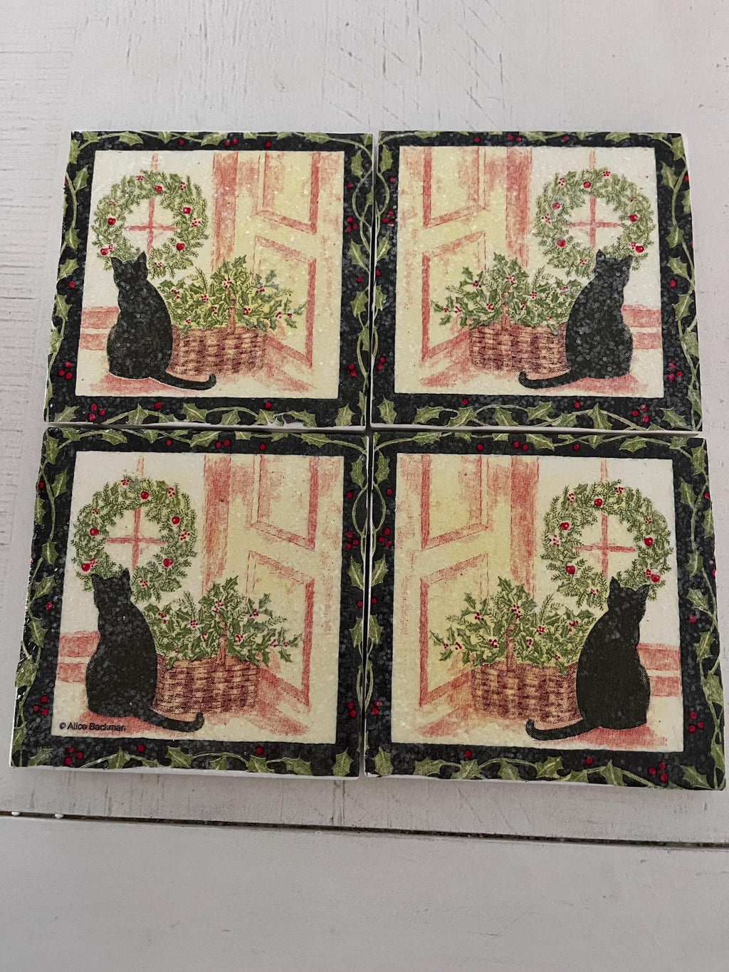 Holiday Cat and Holly Basket Ceramic Tile Coasters (set of 4)