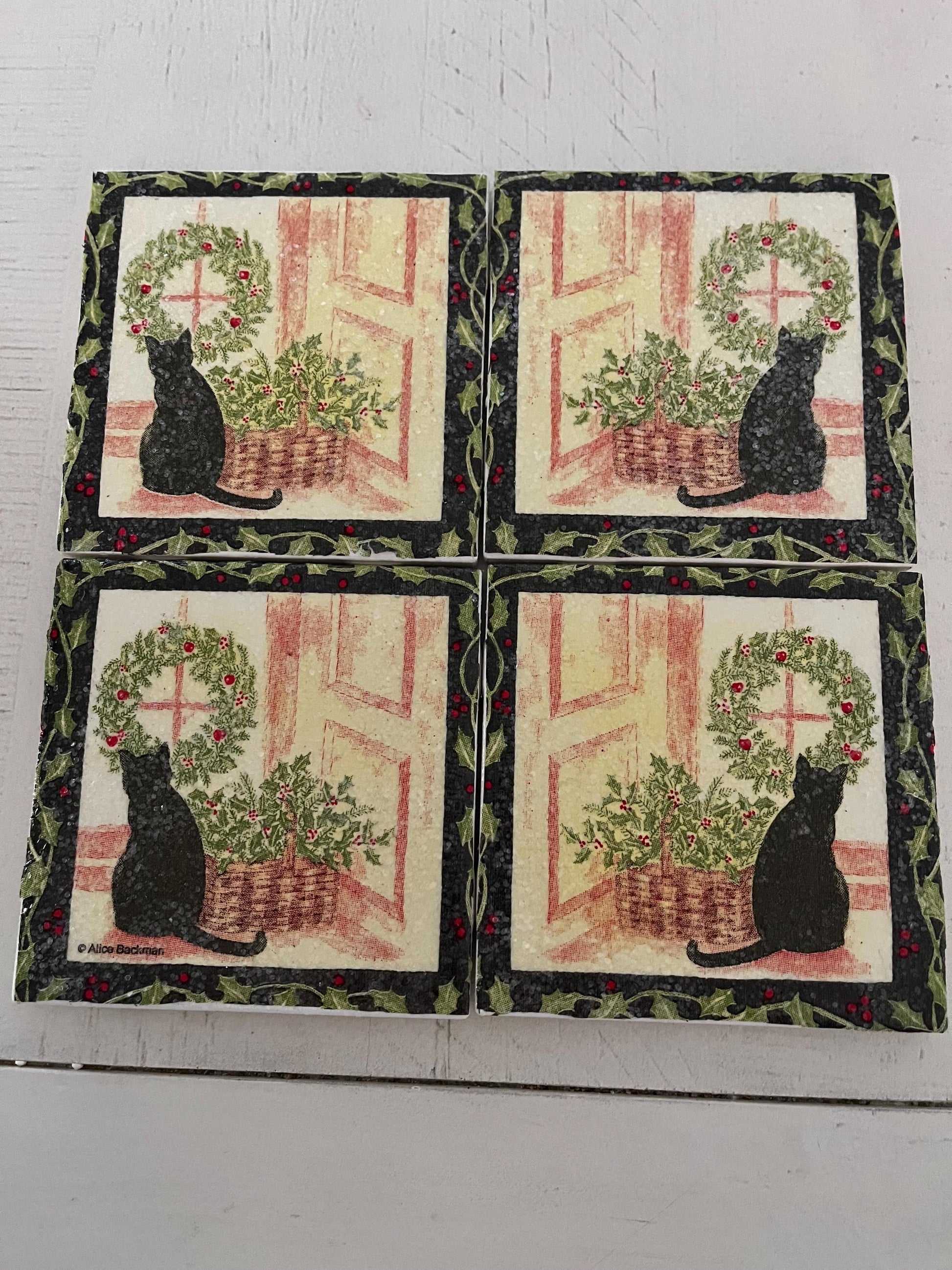 Holiday Cat and Holly Basket Ceramic Tile Coasters (set of 4)