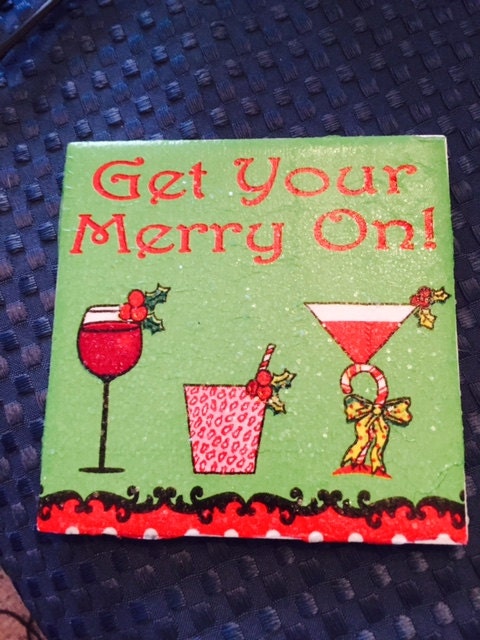 Get Your Merry On Holiday Cocktail Ceramic Tile Coasters (set of 4)