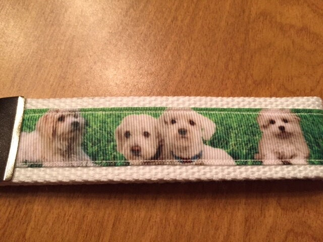 Green and White Bichon Frise Cotton Webbing Keychain/ Keyfob/ Wristlet