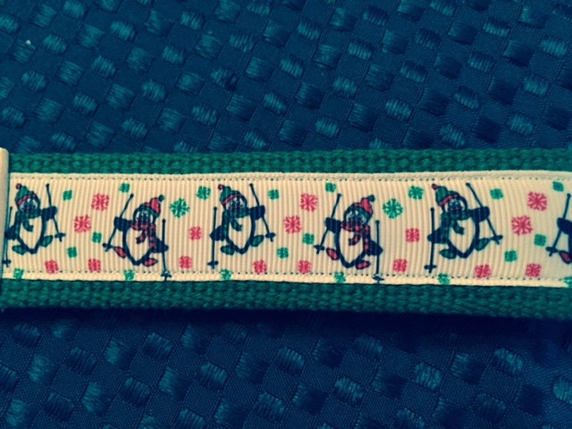Green and White Winter Wonderland Penguins Cotton Webbing Keychain/ Keyfob/ Wristlet