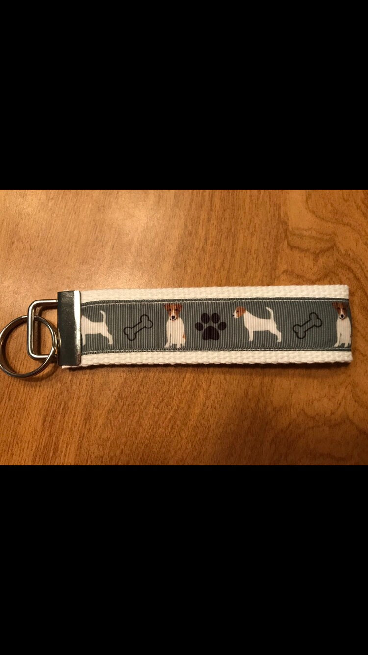 Jack Russell Terrier Wristlet Keychain – Durable Dog Lover Fabric Key Fob with Paw Prints & Bones
