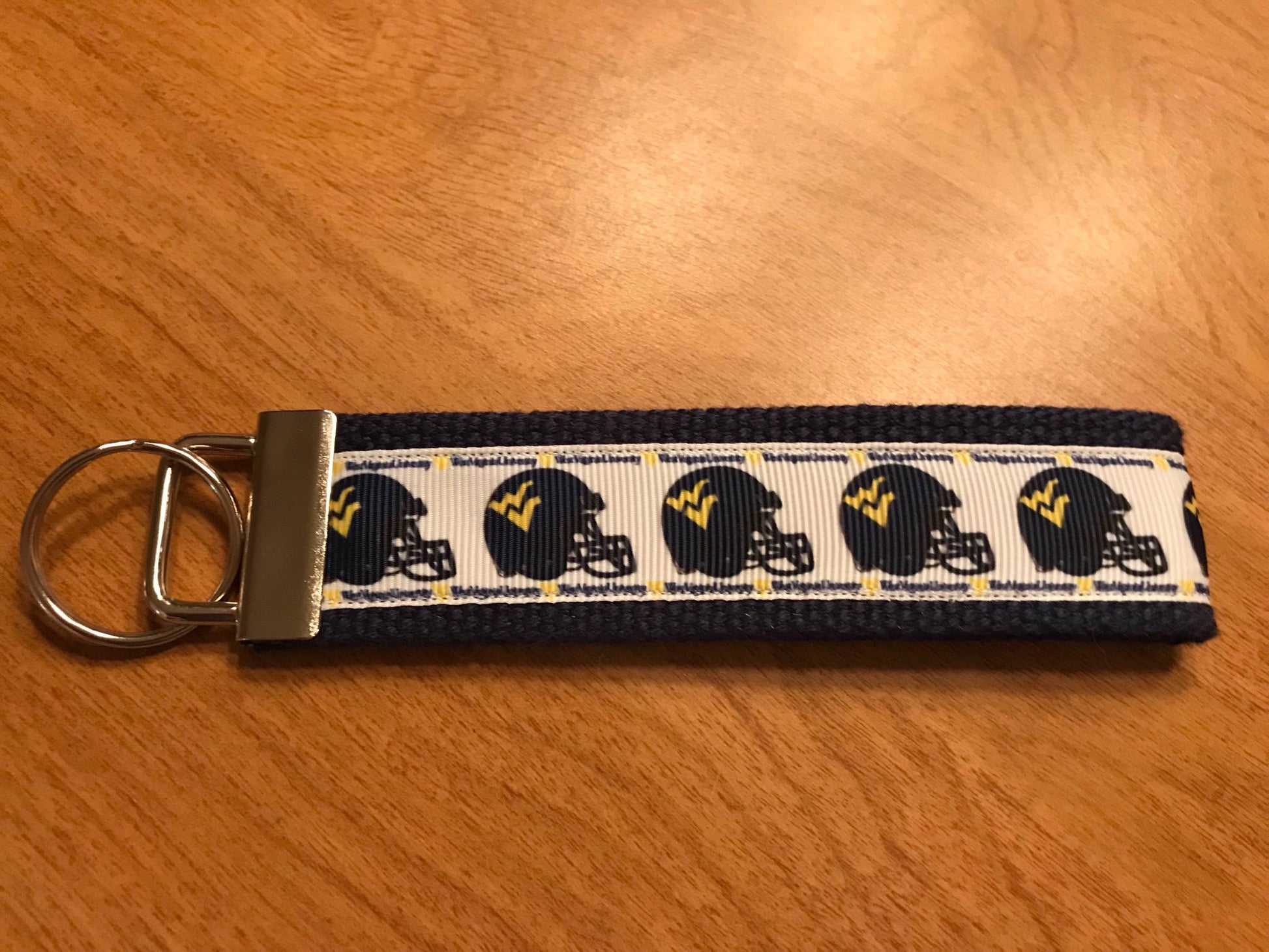 Navy and White West Virginia University Cotton Webbing Keychain/Keyfob/Wristlet