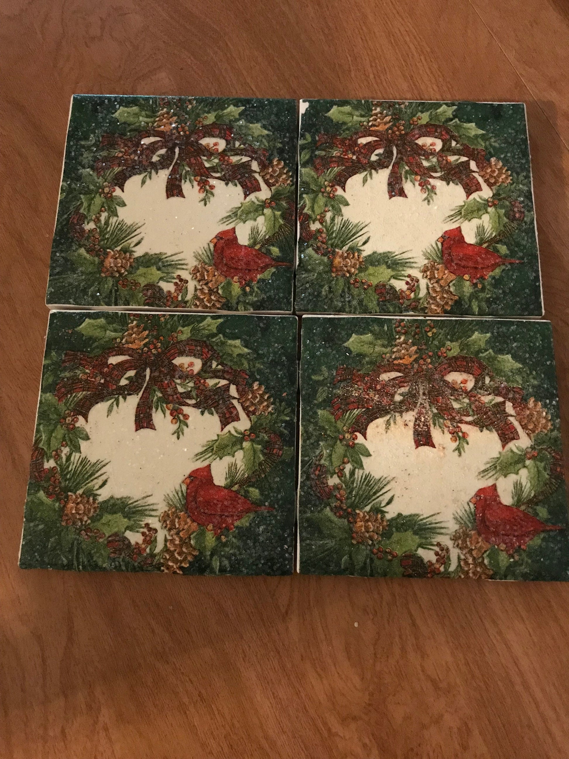 Holiday Wreath with Cardinal Ceramic Tile Coaster
