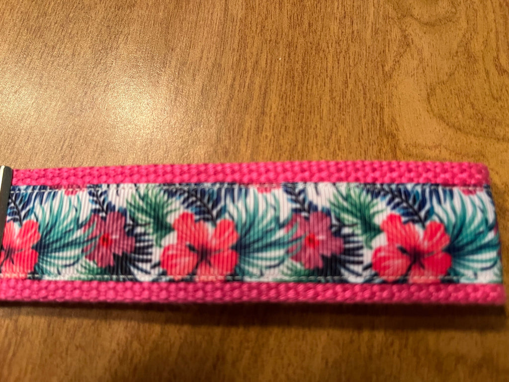 Pink Hibiscus Cotton Webbing Keychain, wristlet,keyfob