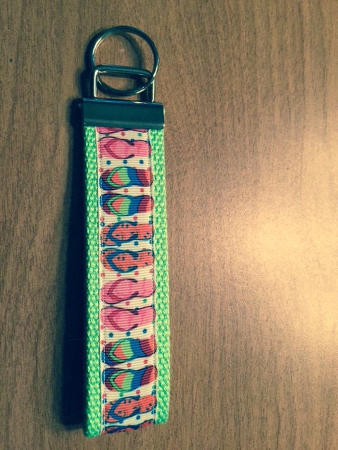 Flip Flop Fun Polka Dot and Light Green Webbing Keychain/ Key Fob