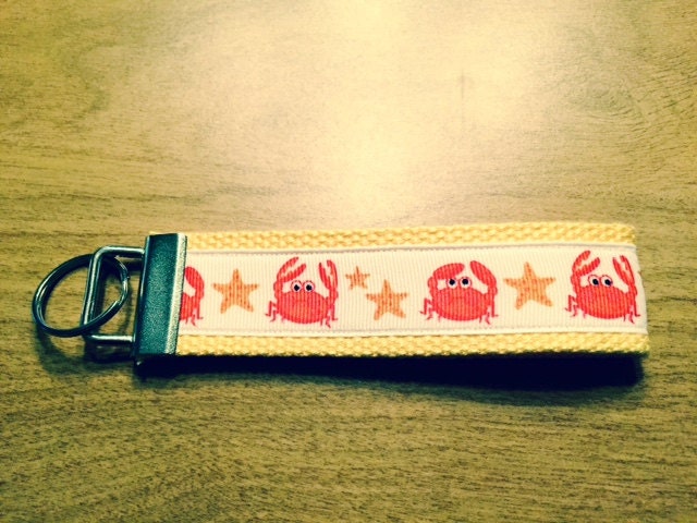 Red Crab and Starfish Yellow and White Cotton Webbing Keychain/ Key fob