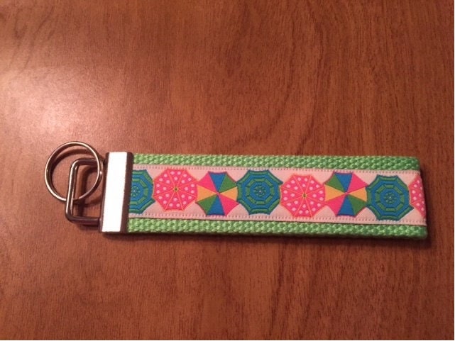 Green and White Beach Umbrella Cotton Webbing Keychain/ Keyfob/ Wristlet