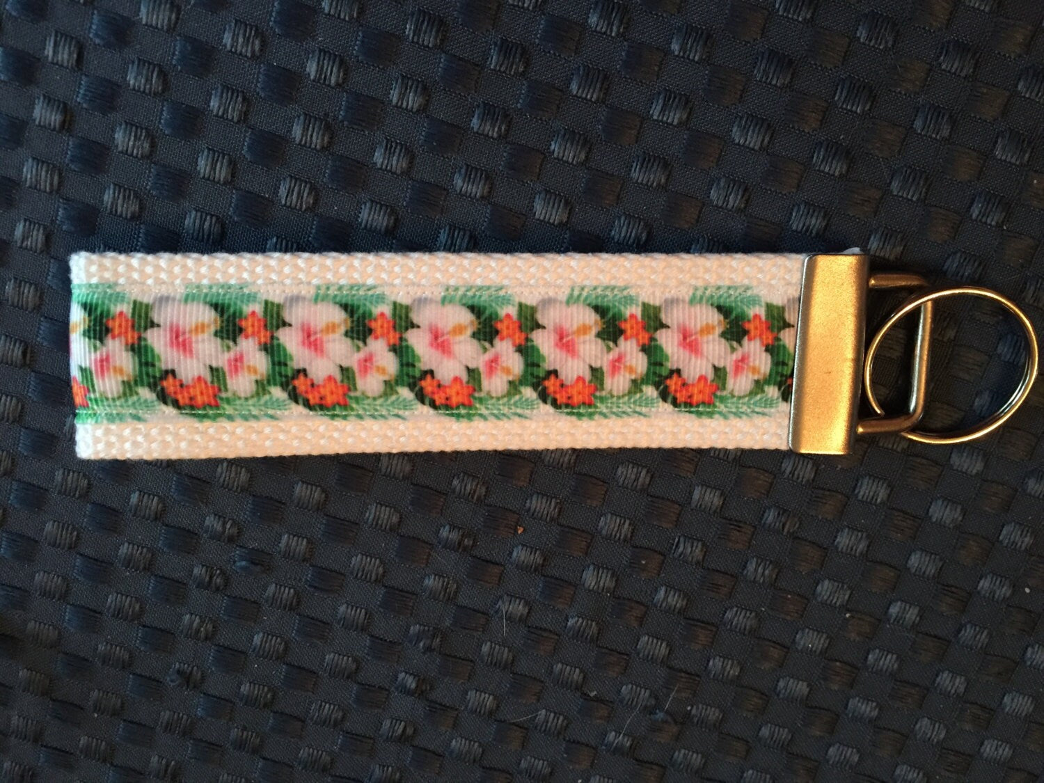 Hibiscus Pink and Orange Webbing Keychain/ Key fob