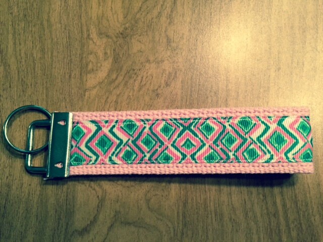Pink and Green Geometric Cotton Webbing Keychain/ Keyfob/ Wrislet