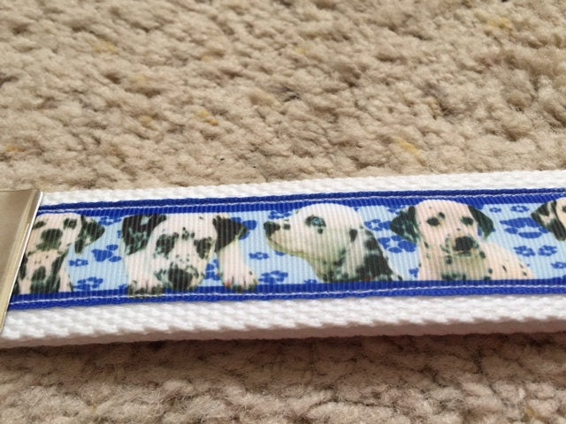 White and Blue Dalmation Cotton Webbing Keychain/ Keyfob/ Wristlet