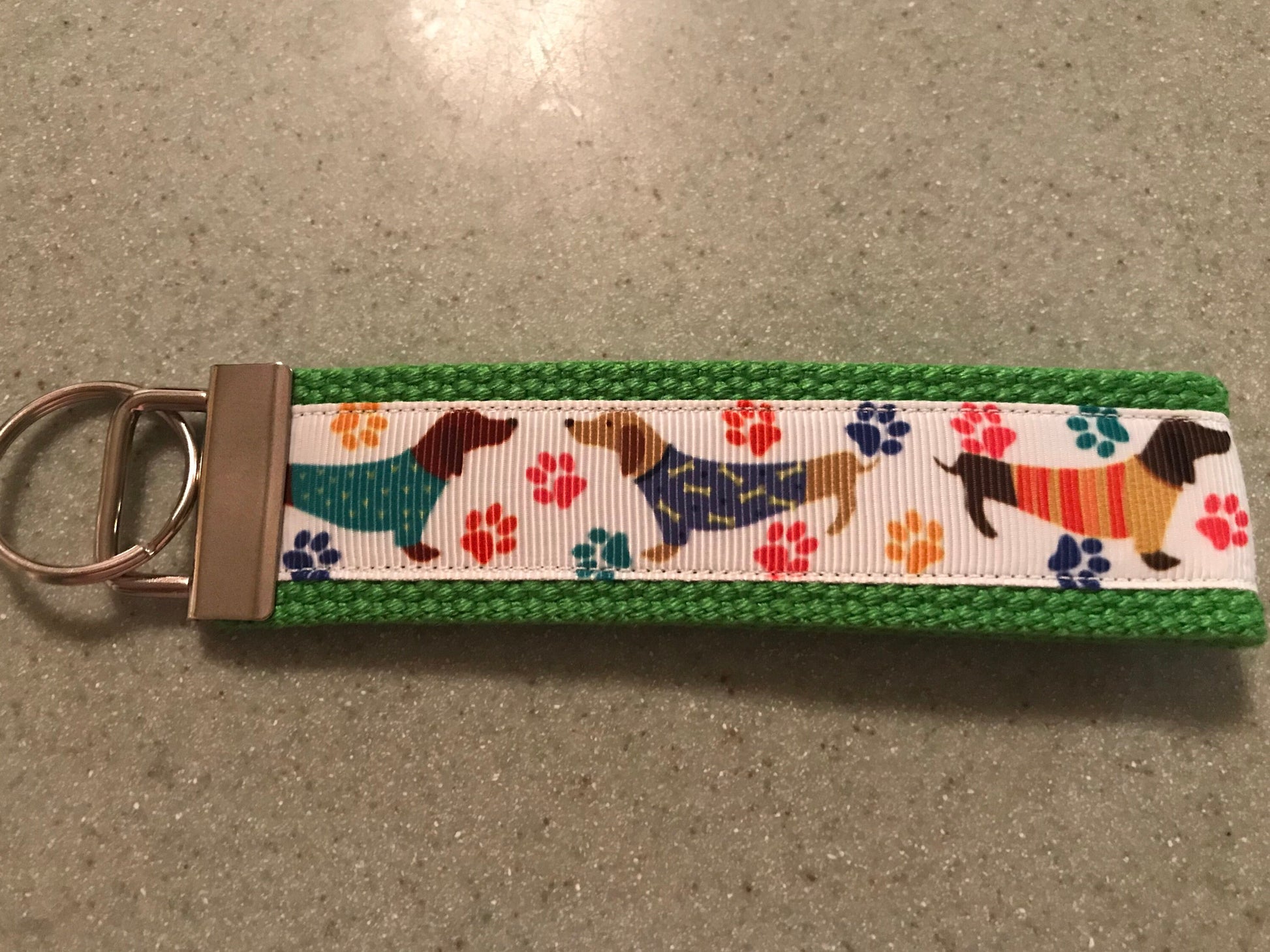 Green and white dachshunds in sweaters cotton webbing keychain/Keyfob/wristlet