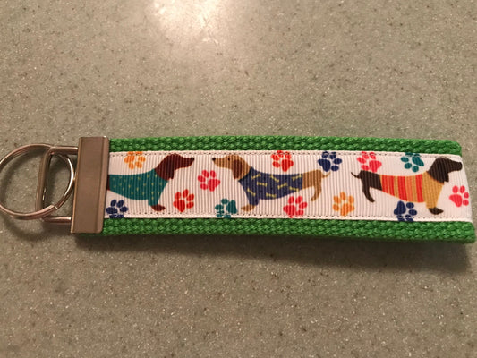 Green and white dachshunds in sweaters cotton webbing keychain/Keyfob/wristlet