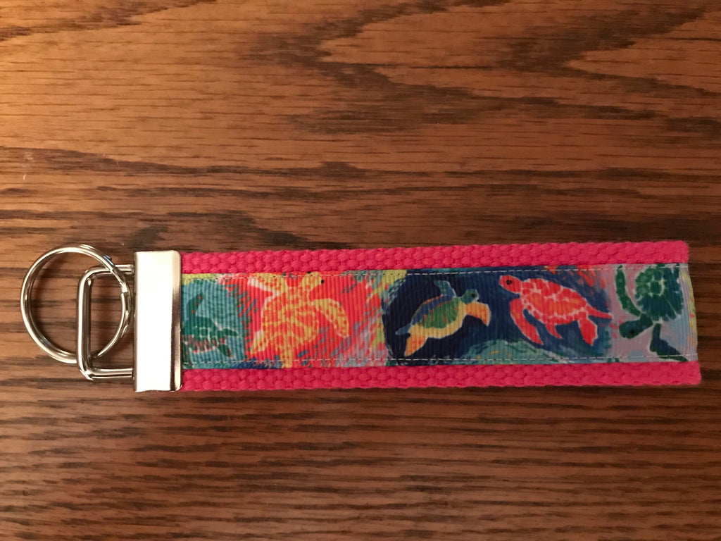 Pink Sea Turtle Cotton Webbing Keychain/Keyfob/Wristlet